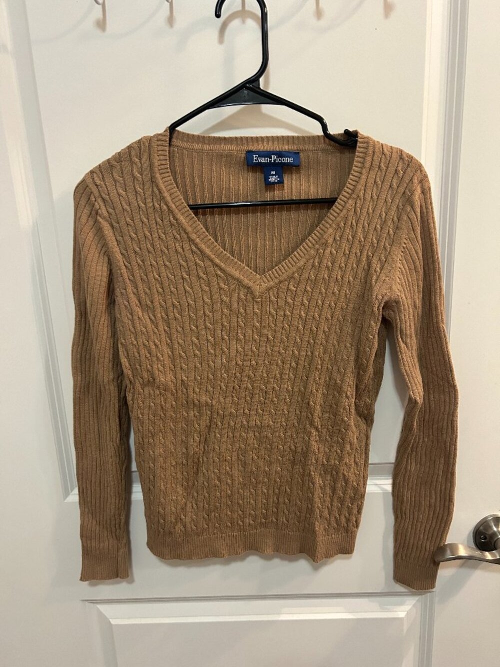 Evan Picone Cable Knit 100% Cotton Tan V-Neck Pullover Sweater Comfy Academia M